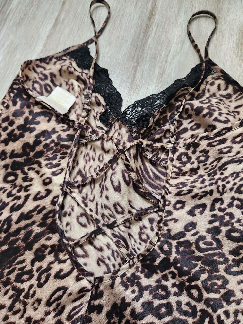 VTG Secret Treasures Leopard Satin Lace Trim Strappy Back Mini Slip Sz S EUC - Picture 12 of 12